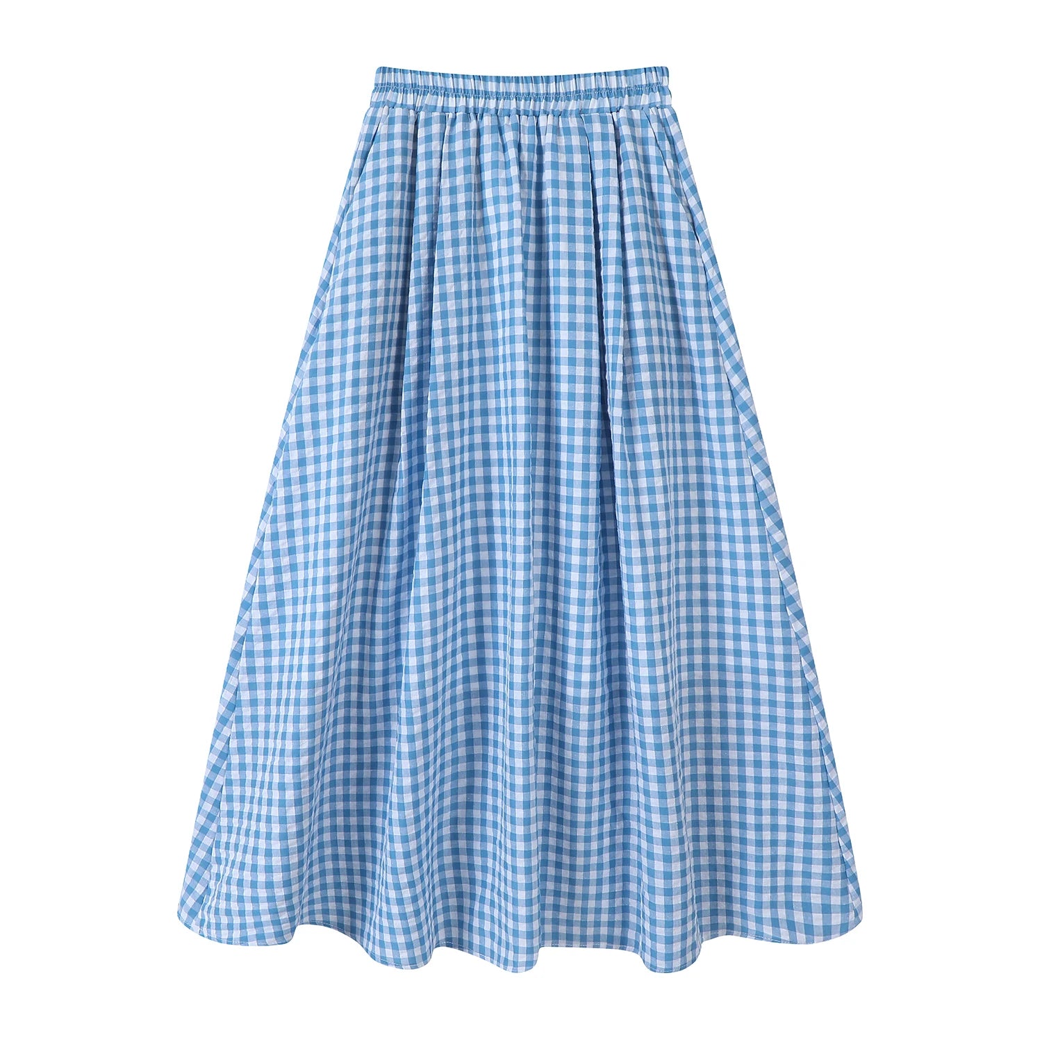 High Waist Vintage Blue Plaid Women's Umbrella Midi Skirts Pockets 2025 New Korean Casual Loose Straight A-line Skirts Female