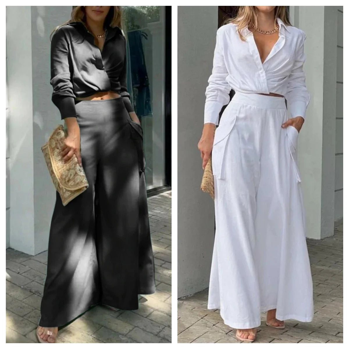 Women's Pant Sets Solid Temperament Commuting Two Piece Set Fashion Clothes Summer Sexy Outfit Shirt Top and Wide-leg Pants