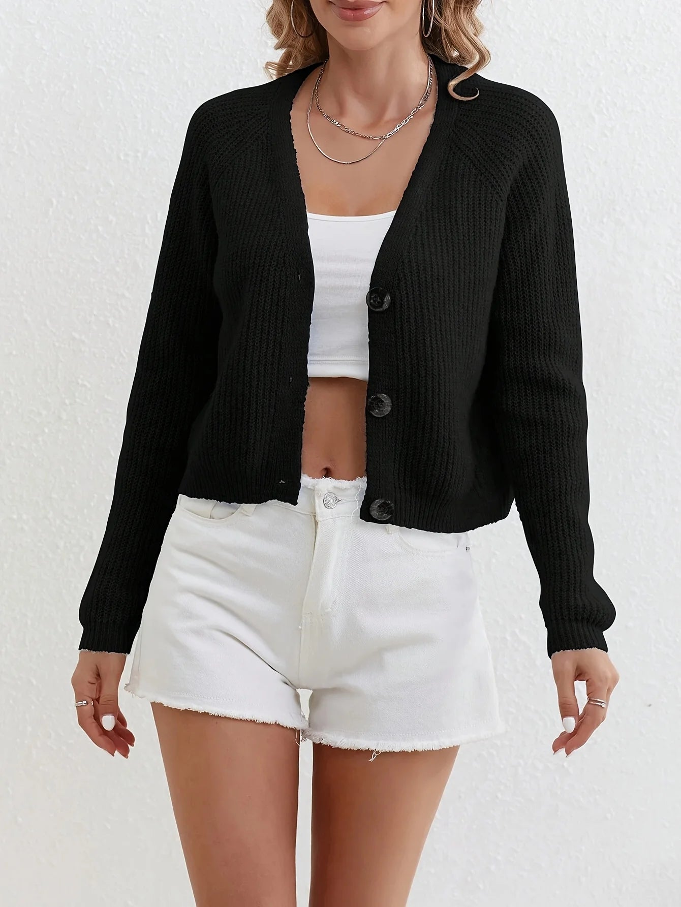 Women's Spring & Fall New V Neck Pure Color Simple Warm Slim Versatile Short Knitted Cardigan