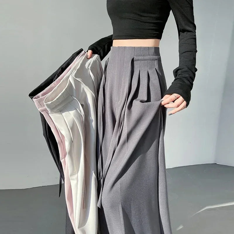 2025 New Spring Summer Lace-up Loose Women's Wide Leg Full Length Pants High Waist Solid Female Elegant Straight Casual Trousers