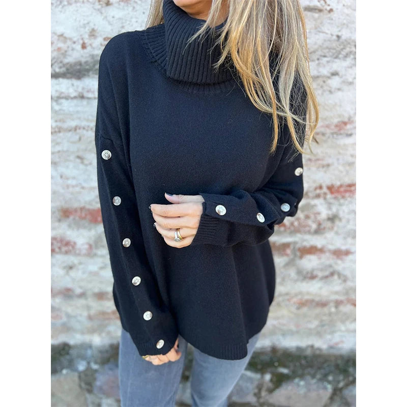 American Fashion Solid Color Turtleneck Buttoned Loose Pullover Sweater Street Fashion Loose Pullover Sweater Oversized Sweater