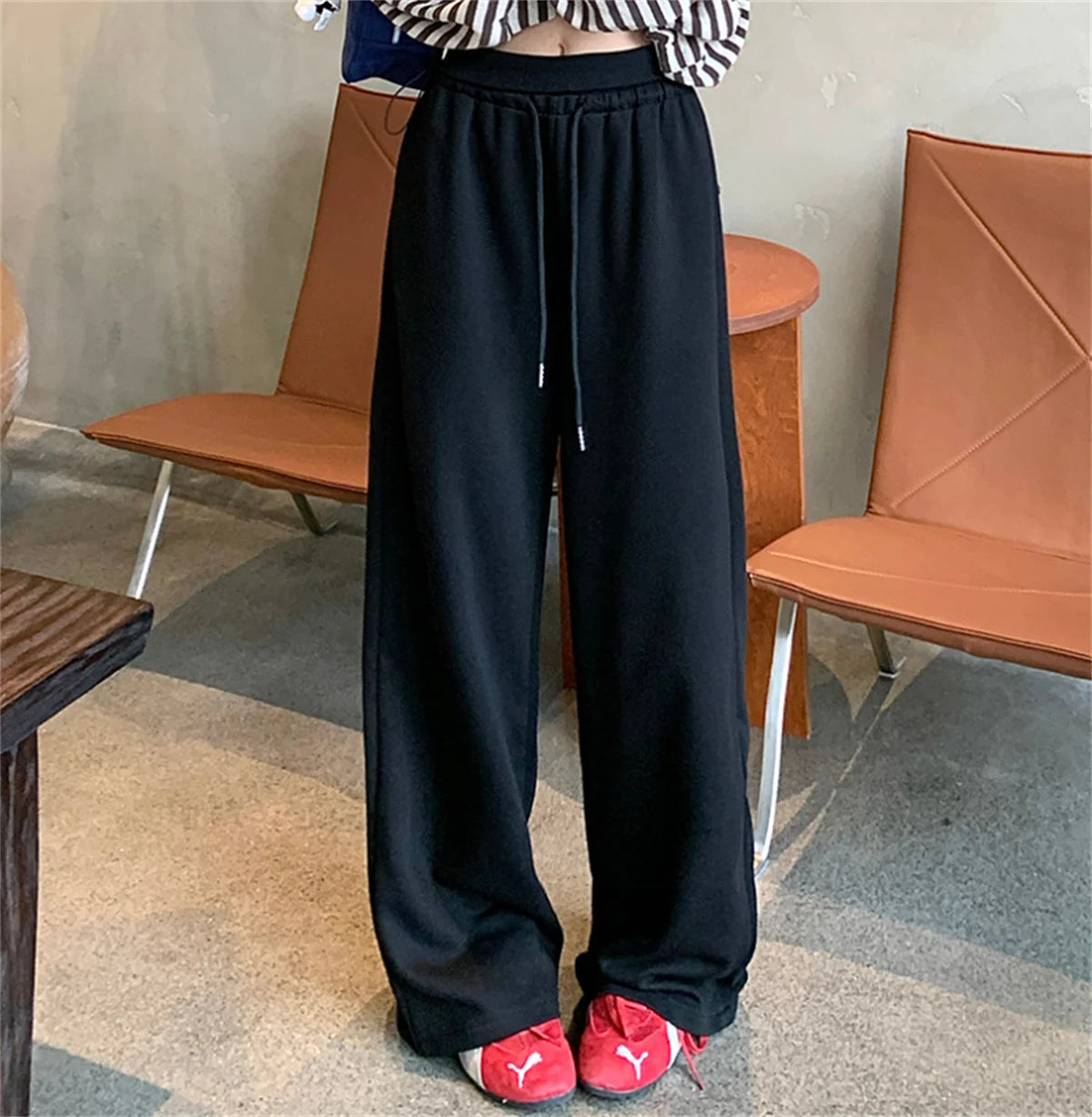 Women Fashion Straight Solid Pants Autumn Spring New In Wide Leg Drawstring Trousers Lady Street Casual Hip Hop Pant High Waist