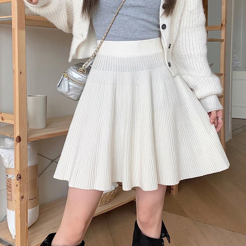 Autumn Winter Knitted White Mini Skirts Women Korean High Waist A Line Pleated Skirt Woman Preppy Style All Match Short Skirts
