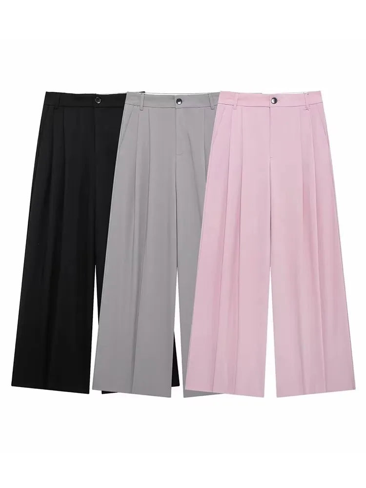 HH Women Casual Solid Straight Pants 2024 New Fashion Female Loose High Waist Zipper Fly Trousers Vintage Office Lady Pants