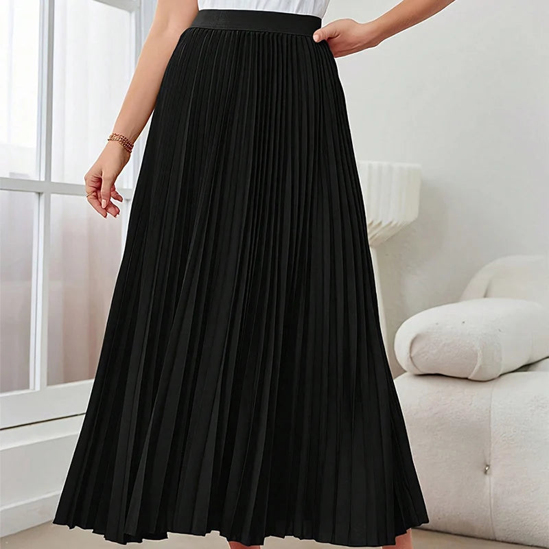 Summer All-Match Pleated A-Line Skirts for Women Elegant Solid Woman Long Skirts Large-Swing Umbrella Black Skirt for Women