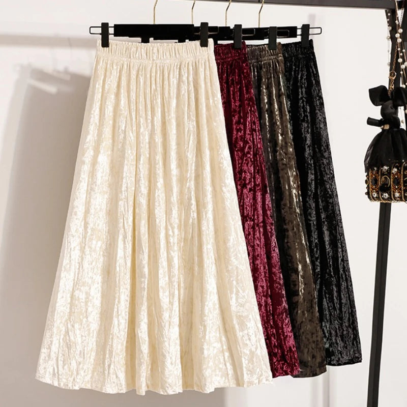 Autumn Winter Girls New A-line Velvet Skirt 2025 Plus Size Gold Velvet Half Pleated Skirt Solid Versatile High Waist Mid Skirt