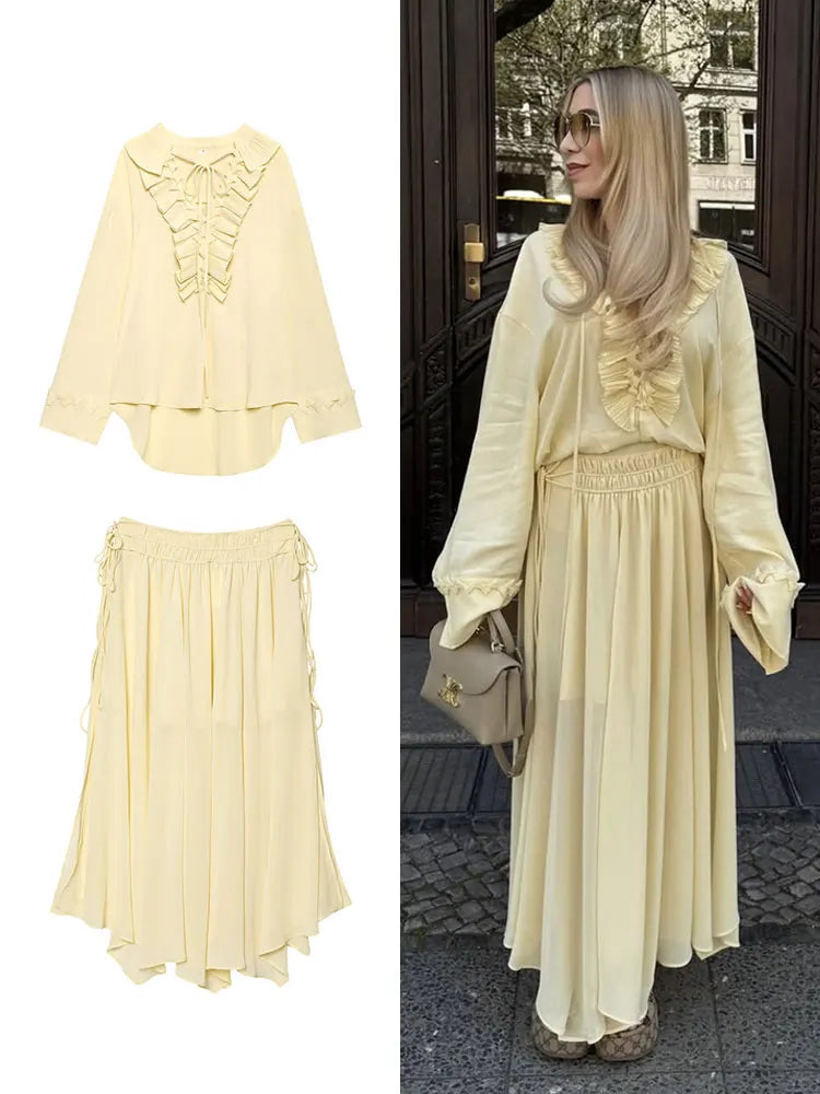 HH Women Elegant Yellow Ruffles Lace-up Blouse Skirts Sets Long Sleeve V Neck Shirt Pleated Midi Skirt 2025 Women Outfits