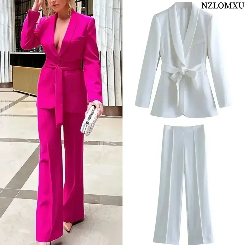 Women's Casual Long Sleeve V-Neck Belt Accessories Suit Fashion Elegant Commuter Suit Set High Waisted Wide Leg Pants Set
