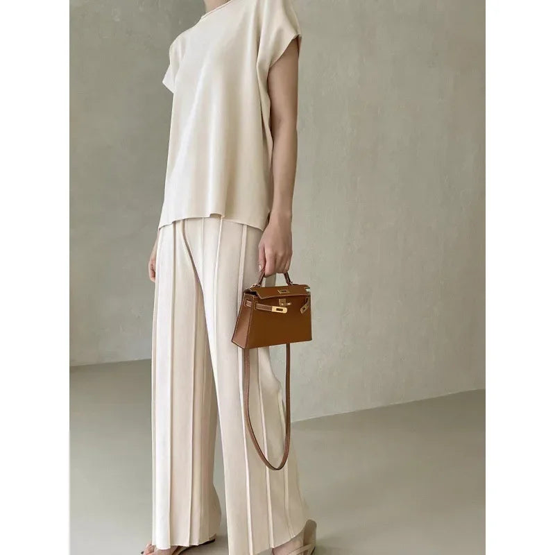 Women Summer Two Piece Set Blouse Wide Leg Pants Suit Split Top Round Neck Solid Color Trouser Suits Loose Fit Casual Outfits