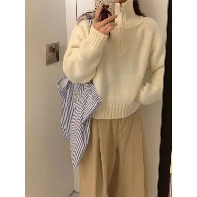 New Autumn and Winter Women's Clothing Long-sleeved Semi-turtleneck Zipper Sweater Solid Color Casual Women's Pullover Shirt