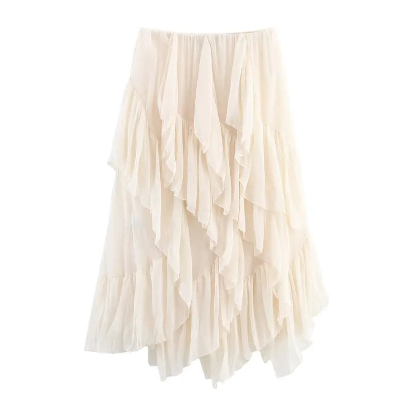Summer 2025 New Arrival Women's Midi Skirt Layered Decorative Design Casual Asymmetrical Polyester Loose Fit Skirt