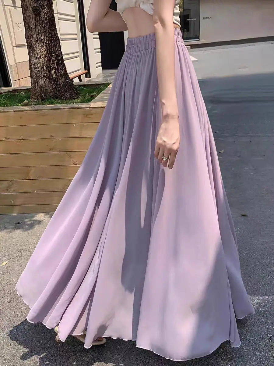 2025 New Women's Chiffon A-Line Maxi Skirt: High Waist Flowy Hem with Elegant Drape & Wide Silhouette