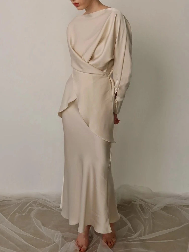 Spring Summer Elegant Satins Outfit Women Long Sleeved Lace Up Tops High Waist Loose Straight Bust Skirt Female Two Piece Set