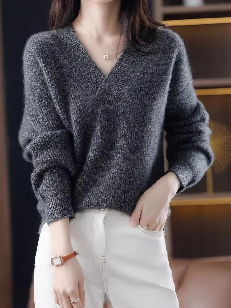 Autumn Winter Jumpers Women's Solid Loose Knit Sweater V-neck Basis Pullover Knitwear Soft Warm Chic Femme Sweater Casual Tops