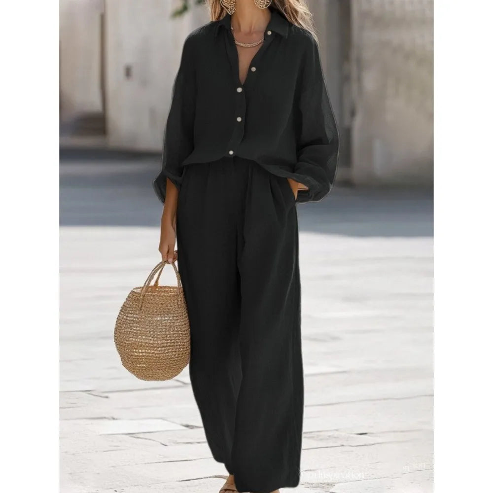 Casual Lapel Long-sleeved Shirt Women's Trousers 2-piece Set Autumn New Fashion Loose Pocket Wide-leg Trousers Female Suit 2025