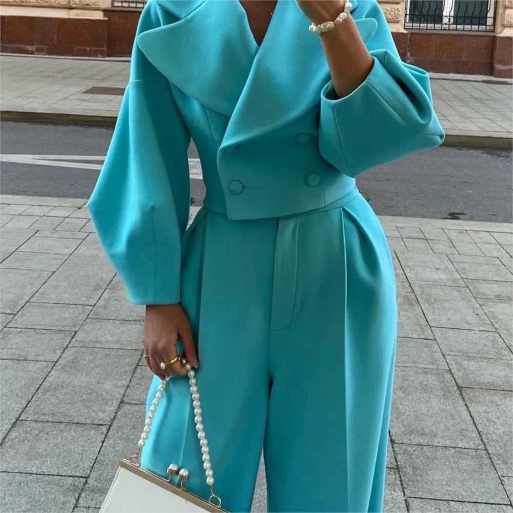 Autumn Winter New Solid Color Lapel Woolen Short Tops Trousers 2piece Set Fashion Elegant Women's Commuting Casual Trousers Suit