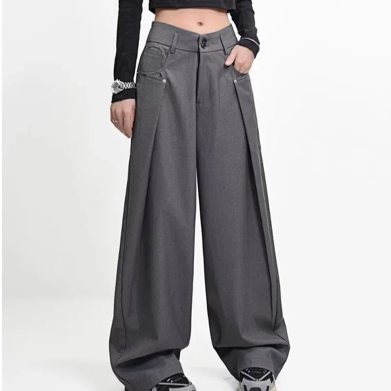 American Style High Waist Draped Suit Pants Women's Spring Autumn Loose Trendy Versatile Wide Leg Casual Floor Length Straight L