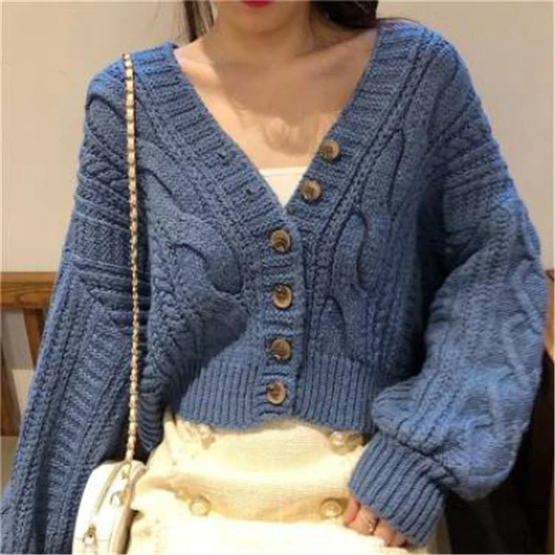 New Autumn and Winter Women's Clothing Retro V-neck Long-sleeved Sweater Elegant Single-breasted Cropped Cardigan Knitwear
