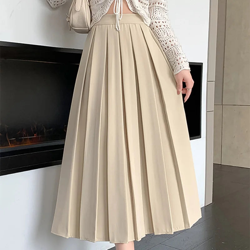 Classic Pleated A-Line Suit Skirts Women Loose Elastic Waist Skirts for Woman Office Lady Solid Color High Waist Skirt Mujer