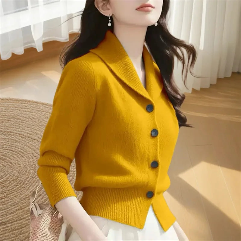 2025 New Spring Autumn Women Sweaters Elegant Solid Color Lapel Long Sleeved Knitted Cardigan Jacket Korean Female Knitwear Tops