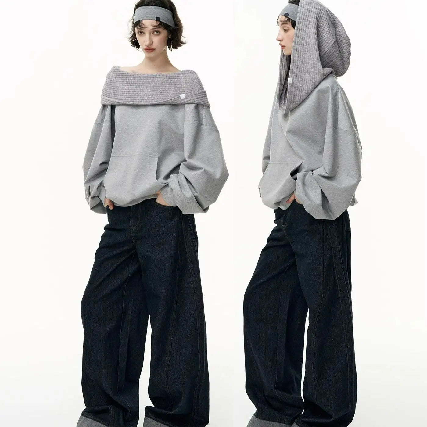 Off Shoulder Hoodie Women - Asymmetric Boat Neck Pullover Sweatshirt, Y2K Loose Fit Hooded Top, Fall Fashion Cold Shoulder Blous