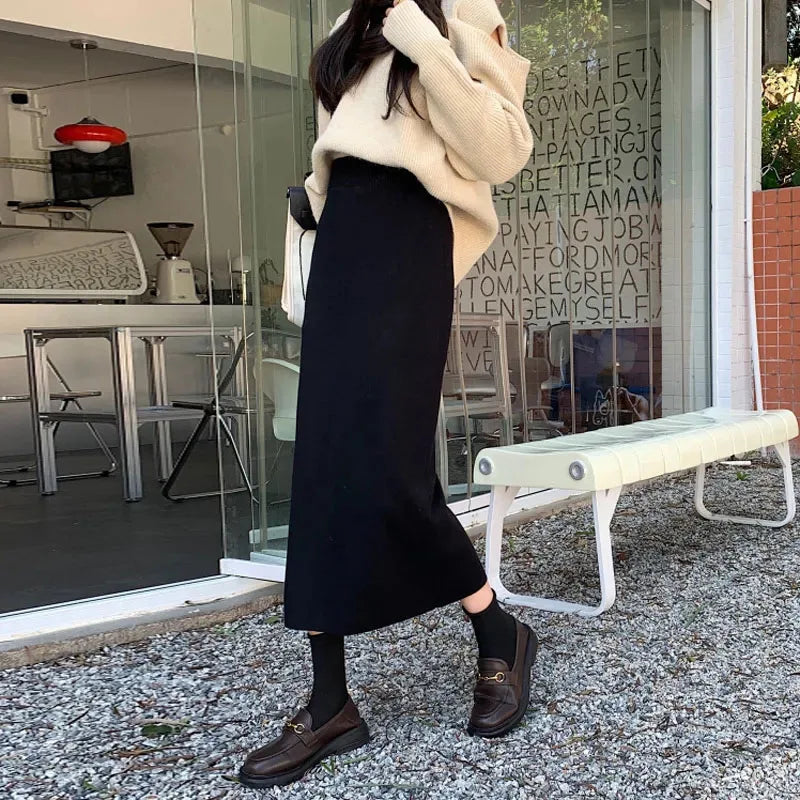 Temperament Black Slim Fit Long Skirt Women High Waist Knitted Straight One-Step Skirt Korean Fashion Office Lady Pencil Skirts