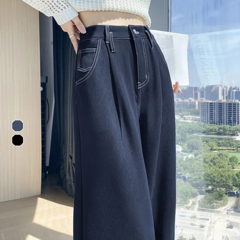 2025 New Autumn Vintage Denim Casual Loose Women's Wide Leg Pants High Waist Solid Female Straight Office Full Length Trousers