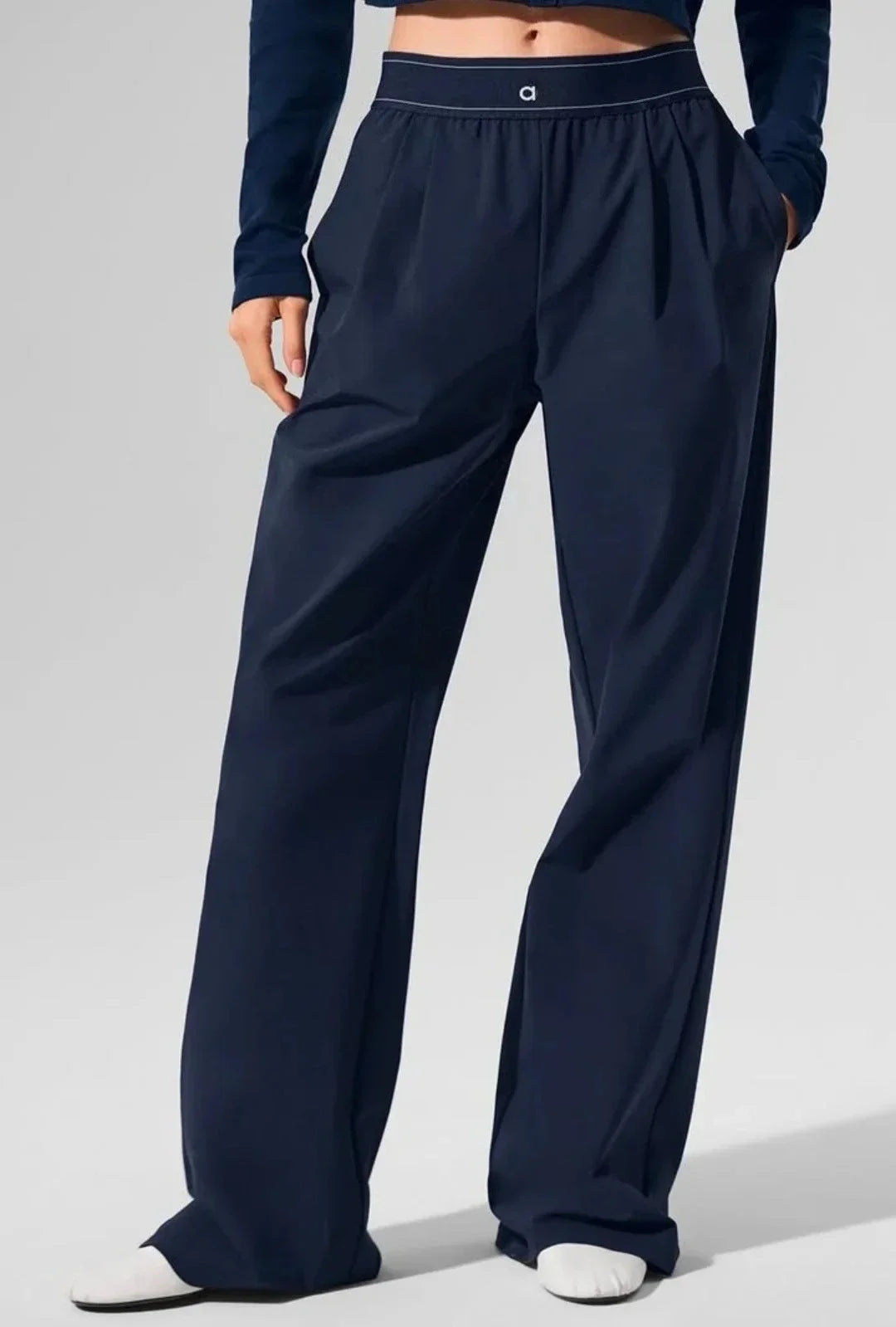 Elastic Waist Solid Fitness Trousers Women Quick-dry Sports Wide Leg Pants Women Thin Casual Loose Navy Blue Baggy Sweatpants