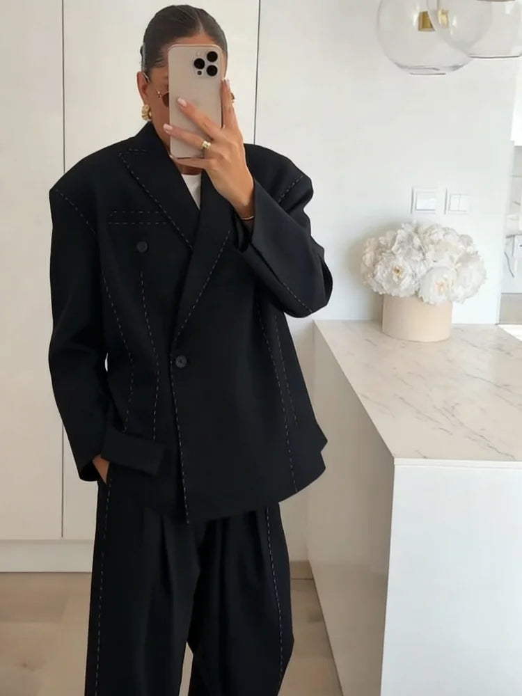 Fashion New Long Pant Set For Women Chic Lapel Long Sleeve Blazer Jacket Wide Leg Pants 2 Pcs Suit Office Lady Outfit Streetwear