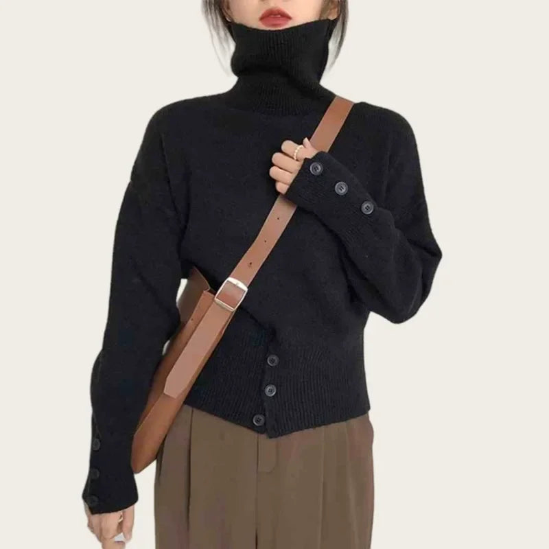 New Elegant Turtleneck Pullover Sweater for Women Autumn Winter Fashion Hem Button Solid Sweater Casual Long Sleeve Knitwear