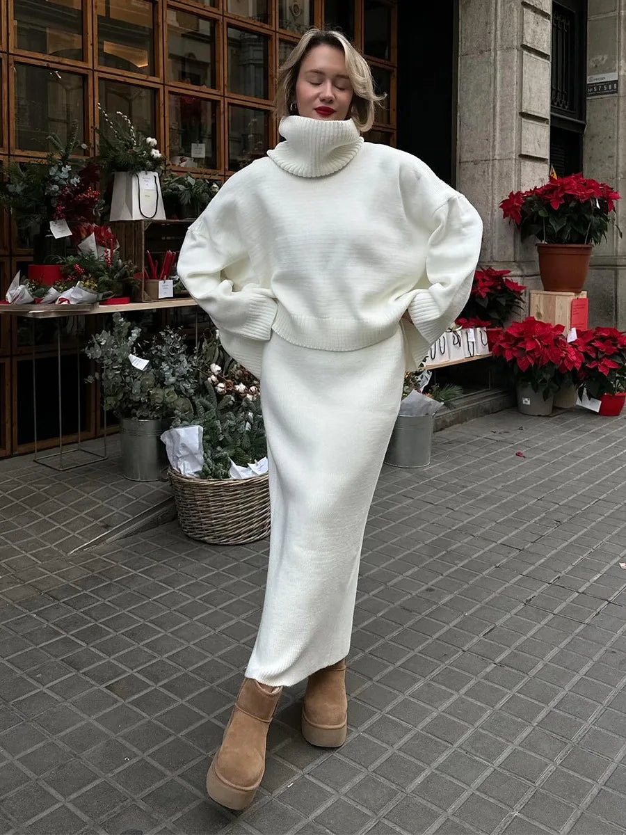 Blubelle Women's Knitted Turtleneck Sweater Skirt Set  Autumn Winter Loose Solid Color 2- Piece Knit Outfit Casual Warm Suit