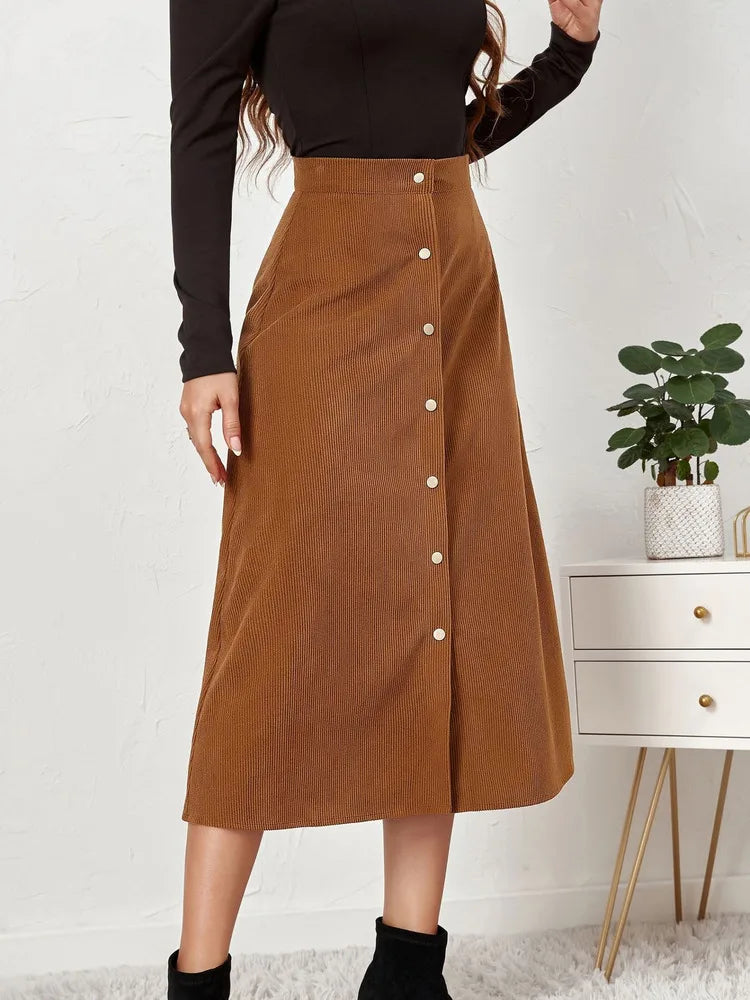 New In 2025 Autumn Winter Women's Corduroy Single Breasted High Waist Long Skirt Office Lady Casual Midi Skirts