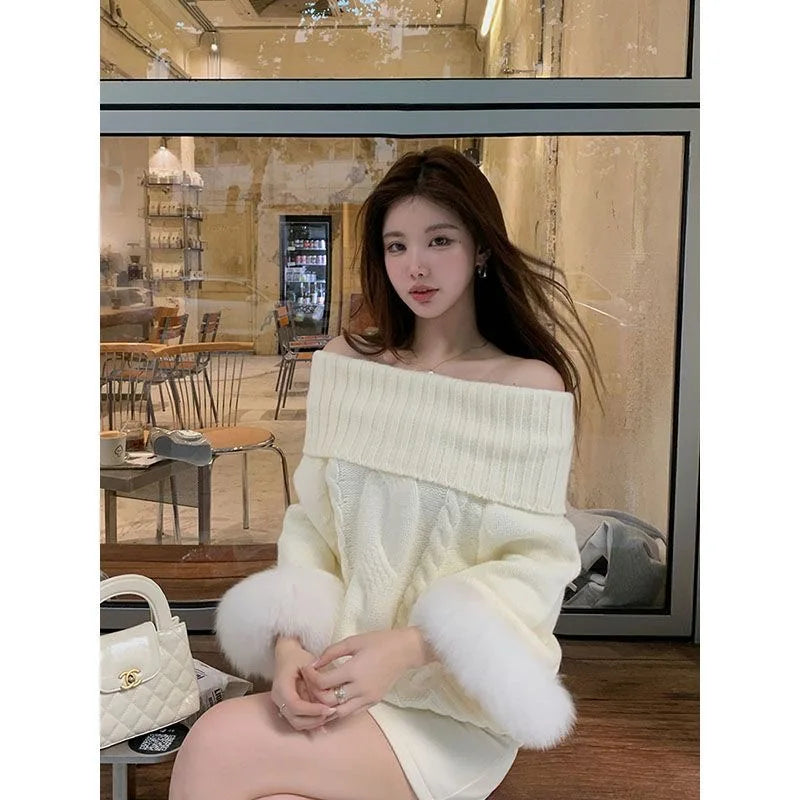 Fashionable and Simple One-shoulder Fur Pullover Sweater Retro Street Long Sleeve One Shoulder Pullover Sweater Y2k Clothes
