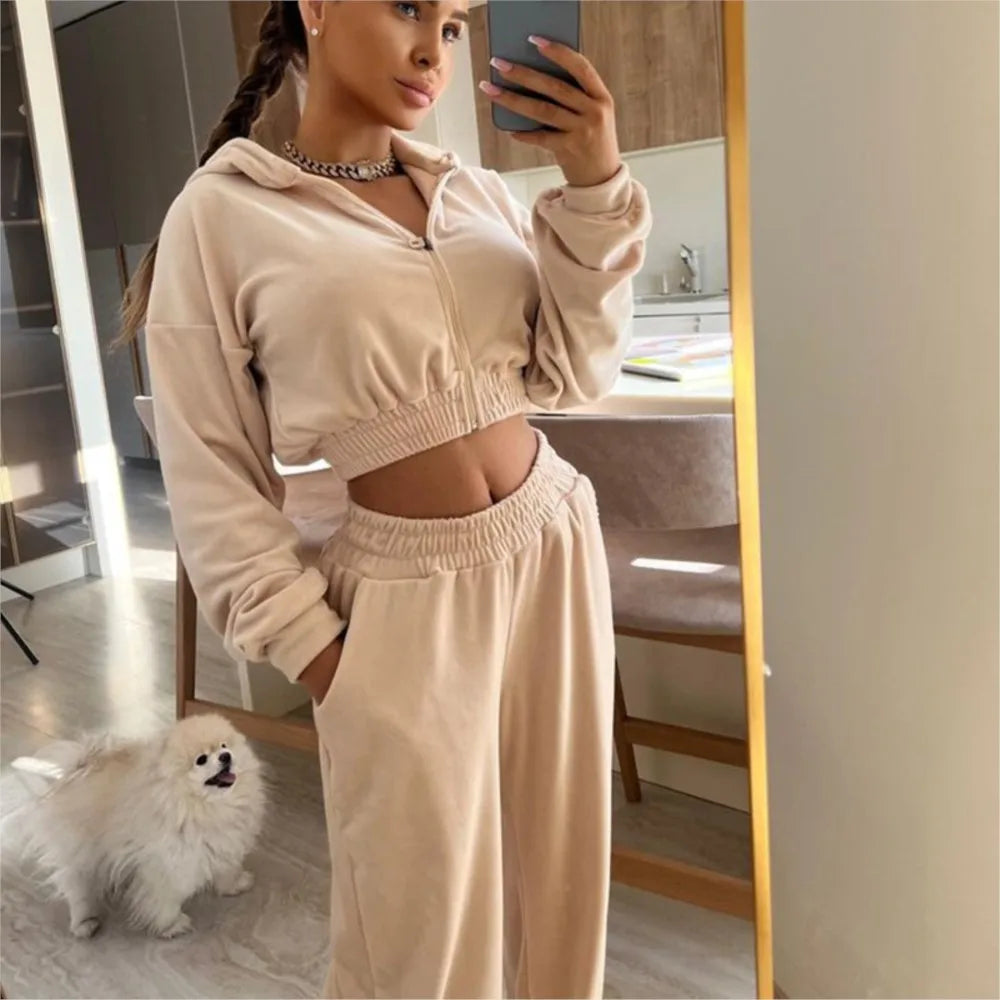 Fashion Zipper Hooded Casual Ultra-short Sweatshirt 2-piece Set Autumn Winter Elastic Waist Sports Wide-leg Pants Female Suit