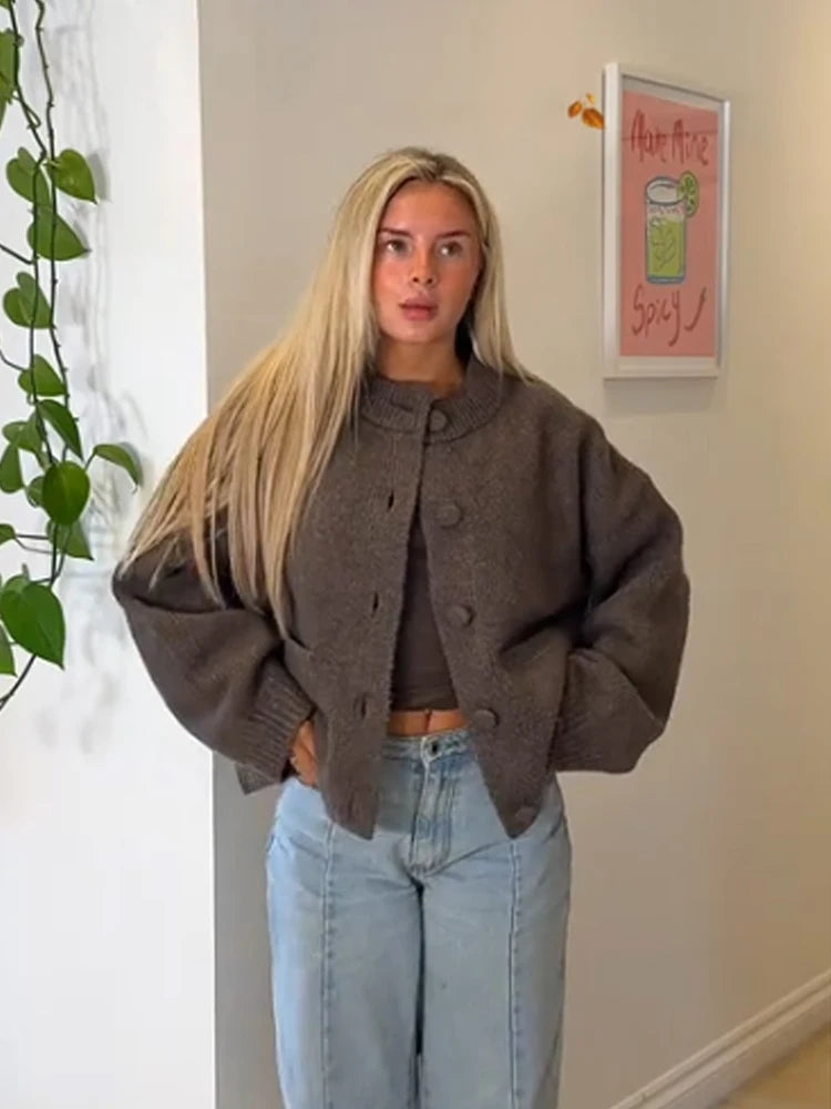 Fashion Round Neck Long Sleeve Sweater For Women Chic Single Breasted Knitted Pockets Coats 2025 Autumn Winter Solid Knitwear