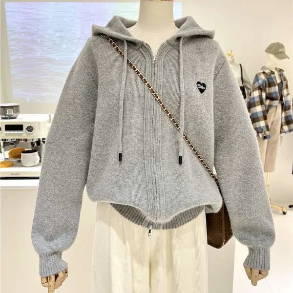 Autumn Winter Simple Embroidery Heart Loose Korean Version Thick Warm Zipper Cardigan Hooded Knitted Sweater Women's Coat Trend