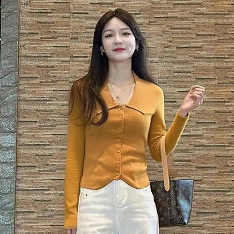 Women Clothes Spring Autumn Fashion Simplicity Button Solid Color V-neck Knitting Female Appear Thin Slim Long Sleeve Cardigan