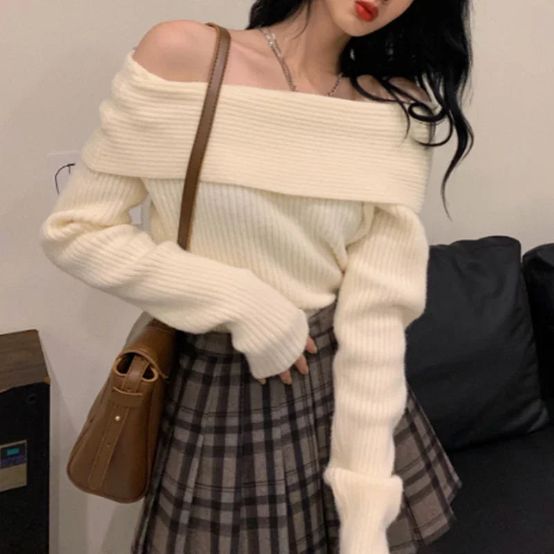Fashion Off Shoulder Pullover Knitted Women Sweater New Long Sleeve Casual Slim Fit Elegant Top Basic Solid Color Tshirt Clothes
