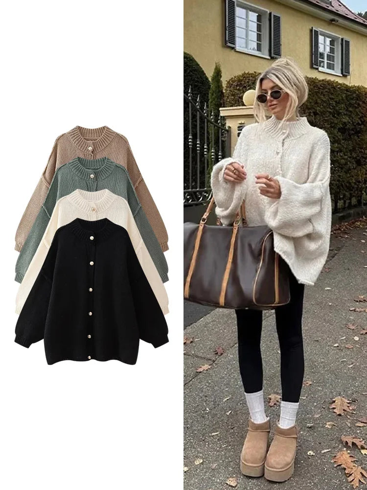 Women's Bat Sleeve Cardigan Sweater Temperament Lapel Metal Button Decoration Fashion Jacket Casual Commuter Women's Tops