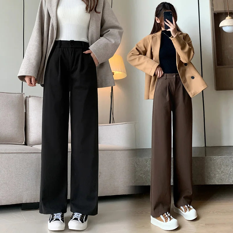 Women Thicken Commute Wide Leg Pants Lady Classic Brown Black Outside Trousers Female High Waisted Solid Color Casual Suit Pants