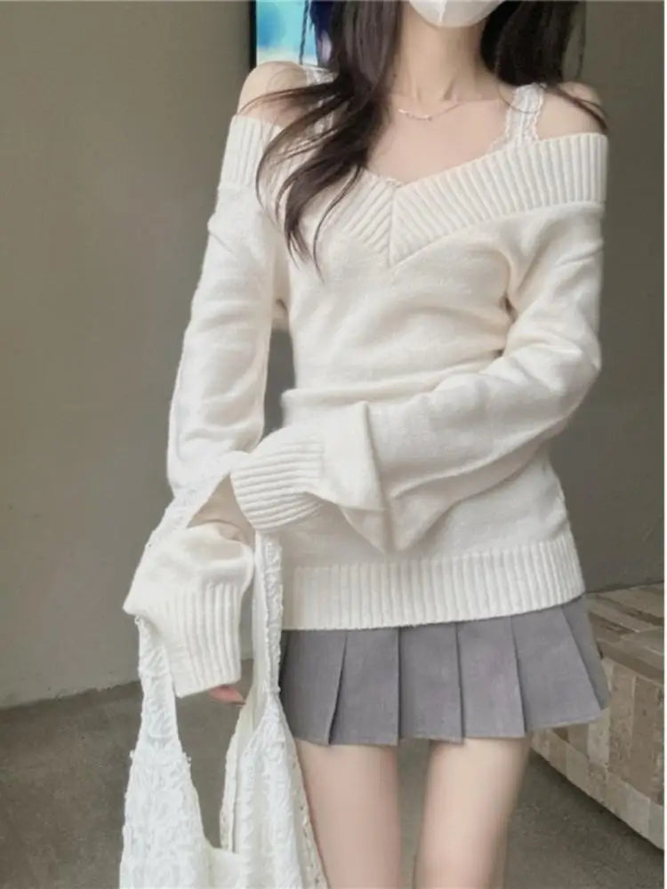 Women Retro V-Neck Slim Fit Long Sleeve Knitted Sweater Summer Soft Versatile Overhead Top Ins Commute Casual Wear