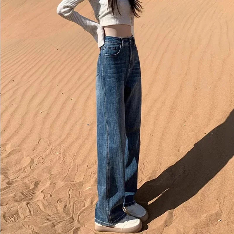 Woman High Waist Fashion Streetwear Baggy Jeans Female Vintage Wide Leg Pants Lady Trashy Retro Blue Gray Denim Stacked Trousers