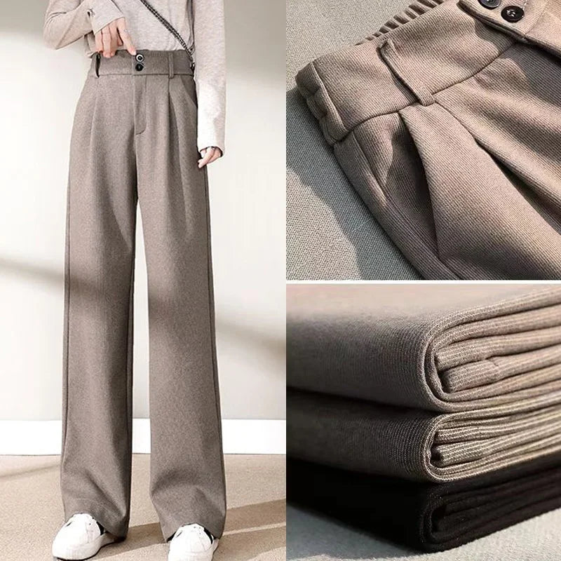 Autumn Winter Girls Comfortable Woolen Pants Female Narrow Straight Leg Trousers Lady Classic Fashion Thicken High Waisted Pants