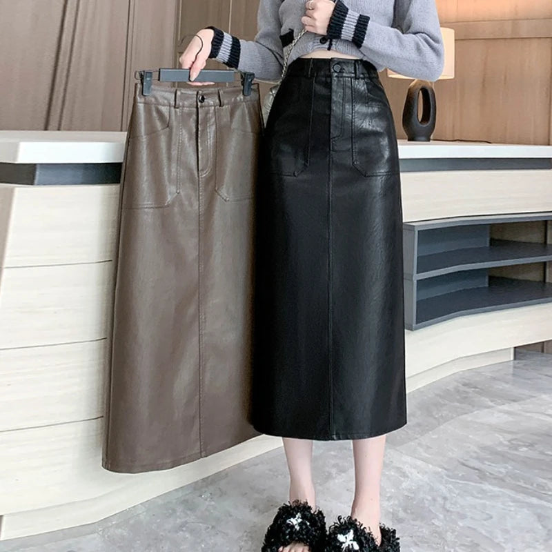 Autumn Winter High Waist Vintage Washed PU Leather Women's Sheath Wrap Skirts Pocket 2025 Back Split Office A-line Skirts Female
