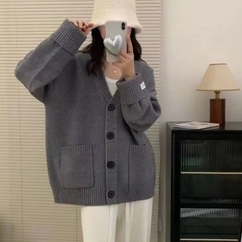 Women's Autumn Winter New Korean Loose Knit Cardigan Rolled Sleeves Soft Cozy Oversized Sweater Coat