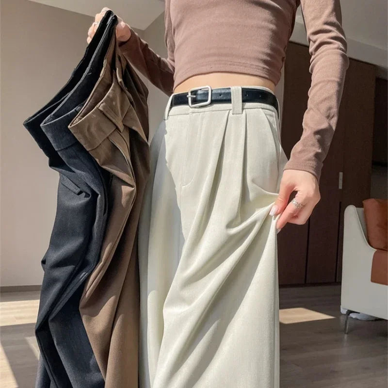 2025 New Spring Summer Loose Women's Wide Leg Full Length Pants High Waist Solid Female Elegant Straight Casual Trousers