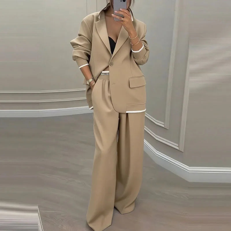 Autumn Single Button Lapel Top Blazer And Pant Suit Sets Woman Elegant Solid Two Piece Outfits Winter Long Sleeve Commuter Suits
