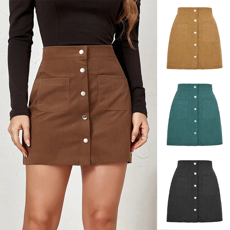 Vintage Brown Corduroy Skirts for Women Single Breasted Slim Fit Mini Skirt Woman Autumn Winter Korean Pocket Short Skirt Ladies