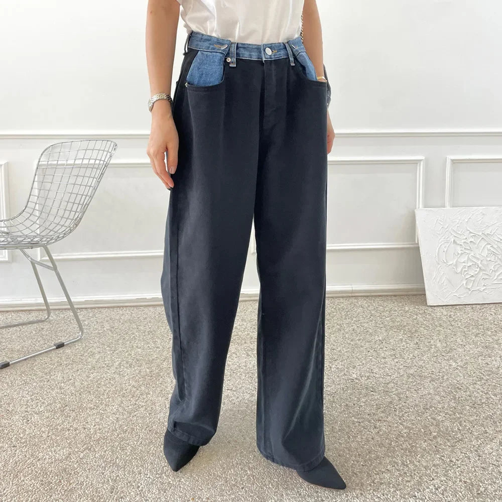 High Waist Wide Leg Straight Cut Jeans Autumn New Design Women's Fashionable Color Block Waist Head Long Pants