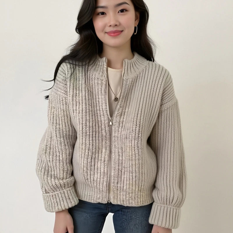 Autumn and Winter New Women's Crew Neck Knitted Long-sleeved Sweater Elegant Cardigan Zipper Knitwear Solid Color Casual Top